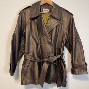 Vintage Bagatelle Metallic Bronze Brown Leather Trench Coat Size Large
